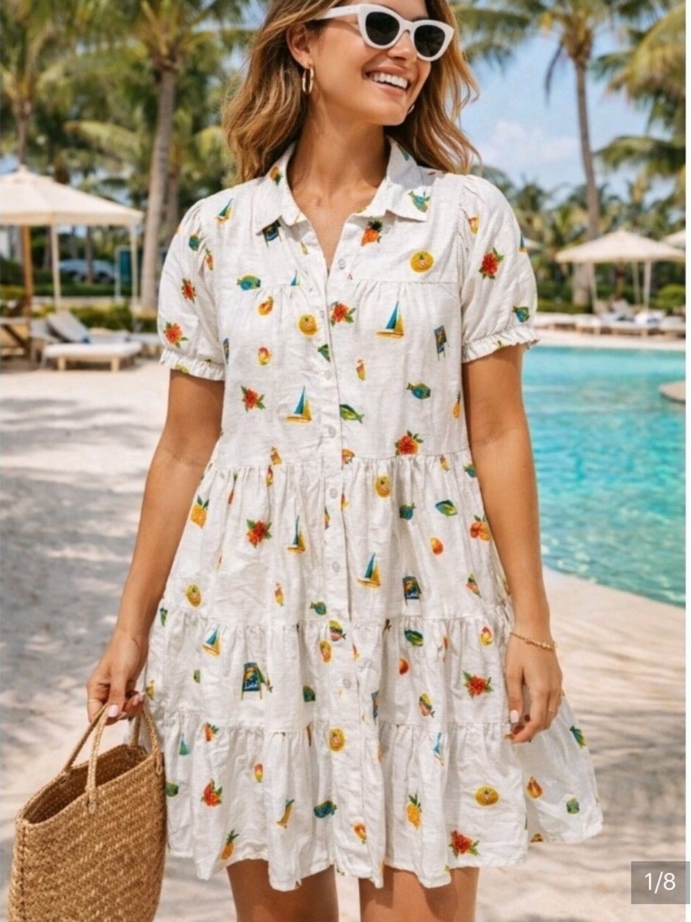 Jane and Delancey White Tiered Button-Front Dress with Multicolor Fruit Print